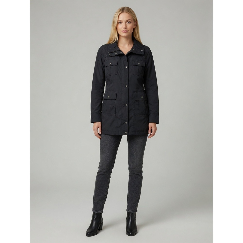 Cole Haan Womens Black Utility Field Rain Jacket Snap Zip Drawstring Coat Size M